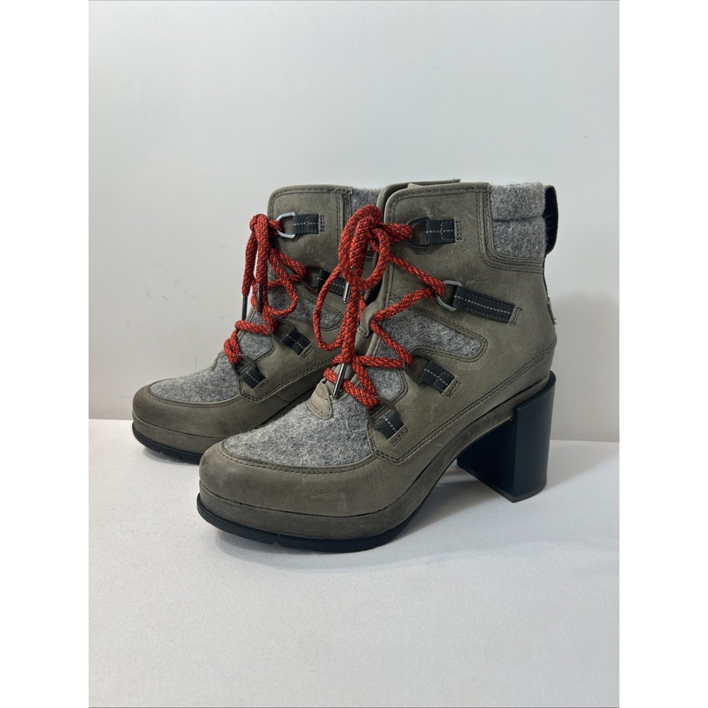 Sorel Blake Lace Up Quarry Gray Block Heel Ankle Boot Women Size 8.5 Red Laces